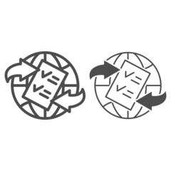 Globe, arrow, checkmark, papper form line and solid icon, documetns concept, legal tourism vector sign on white background, outline style icon for mobile concept and web design. Vector graphics.