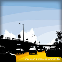 夏の日の風景/ 車と道路のベクターイラスト - Cartoon style vector illustration urban landscape motorway with cars. One summer day.