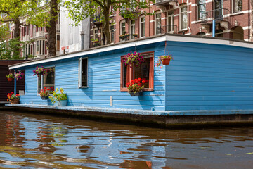Amsterdam canal with typical dutch houses, Netherlands