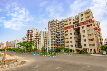 Residential apartment buildings with view of city road at Rajarhat area at Kolkata India