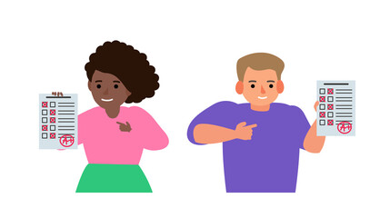happy students boy and girl hold examination test paper results vector illustration