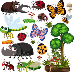Seamless pattern with many different beetles character on white background