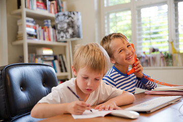 Boys using telephone in home office