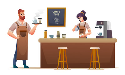 Male barista carrying coffee and the female barista making coffee at coffee shop illustration