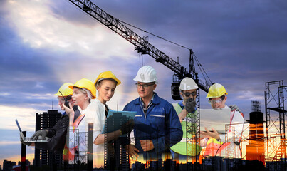 Double exposure of engineer standing orders for construction crews to work on high ground heavy industry and safety concept