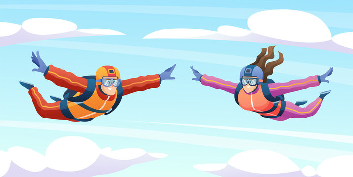 Man and woman skydiving in the sky. Couple doing parachute skydiving illustration