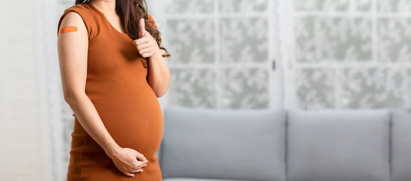 Banner Pregnant Asian Woman Received Anti Virus Vaccine Cheerful With Bandage,Pregnancy Of Young Woman Enjoying With Future Safety Life After Got COVID-19 Vaccination,vaccination In Pregnant Concept