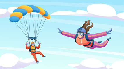 People skydiving and parachuting in the sky cartoon illustration
