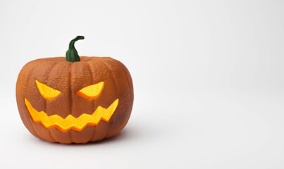 halloween pumpkin on white background with yellow light inside , 3d illustration