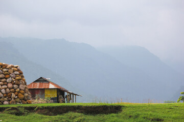 Beautiful small house in front of green mountain and besides stones in Sunamganj, Bangladesh 