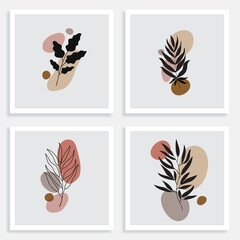 wall art vector set. Foliage line art drawing with abstract shape. Abstract Plant Art design for print, cover, wallpaper, Minimal and natural wall art. Vector illustration.