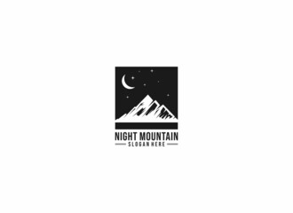 mountain landscape logo at night with beautiful crescent moon and stars