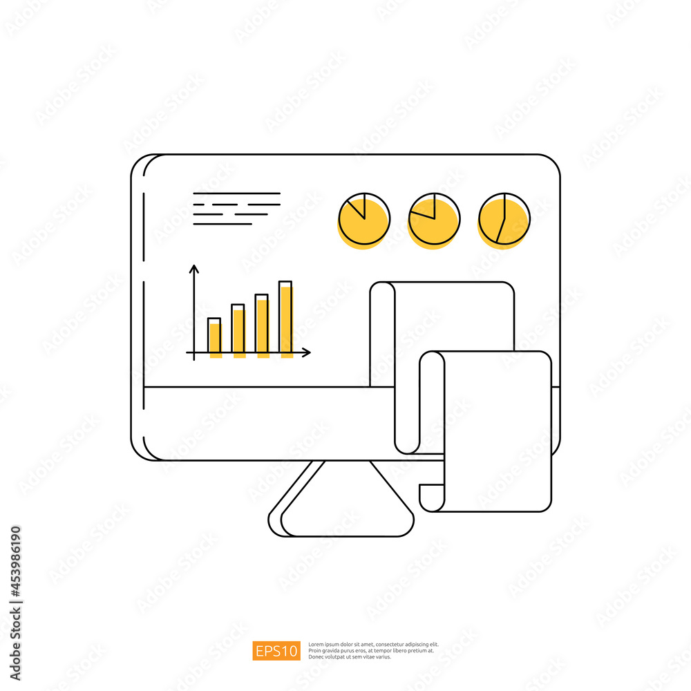 Poster growth chart diagram and pie graph on pc screen monitor. computer outline line art concept illustrat