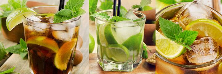 Collage made of different alcohol drinks.