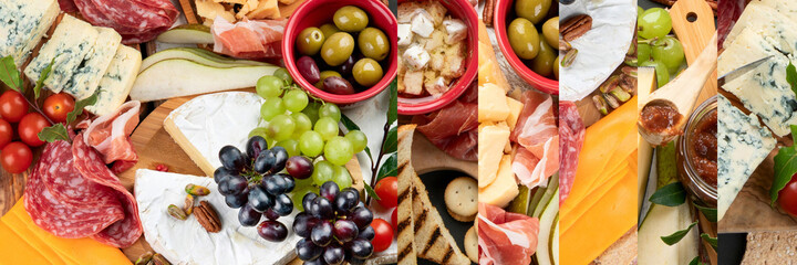 Collage of appetizers served on tabletable.