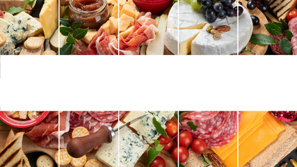 Collage of appetizers served on tabletable.