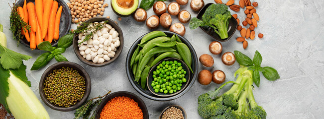 Natural sources of plant protein on light background.