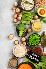 Natural sources of plant protein on light background.