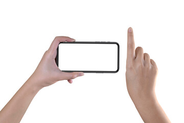 Women hand holding, scrolling black smartphone isolated on white background