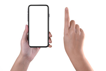 Women hand holding, scrolling black smartphone isolated on white background