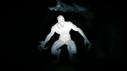 Furious Monster Run in Motion Graphics Animation. Scary Person Running Away from Zombie in Dark Haunted Woods. Fiction Fantasy of Mad Looking Face Death. Light in Black Horror Scene Chasing in POV