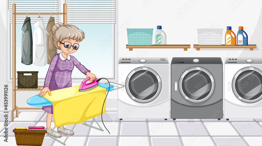 Wall mural Laundry room scene with an old woman ironing her clothes