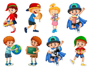 Set of different kid playing with their toys cartoon character isolated on white background