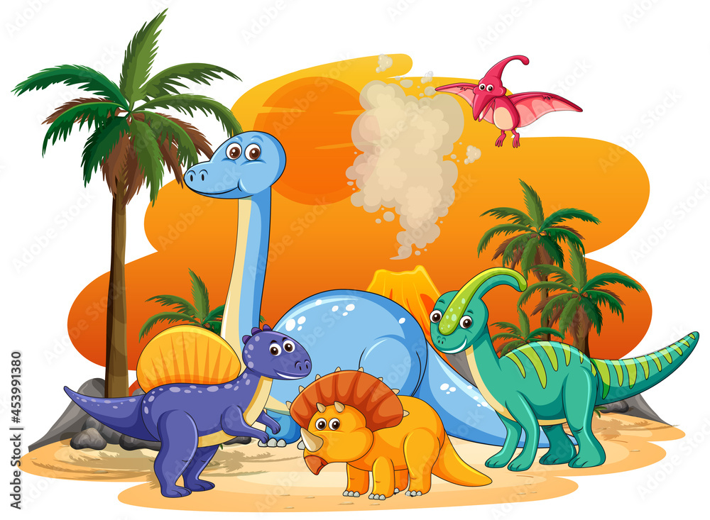 Wall mural many cute dinosaurs character in prehistoric land isolated