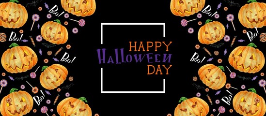 Halloween Poster with Halloween candy and Halloween pumpkin orange. Lettering Happy Halloween Day