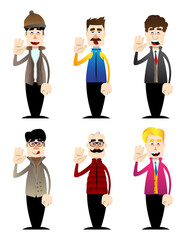 Funny cartoon man dressed for winter with waving hand. Vector illustration.