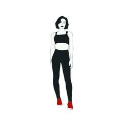 Fototapeta premium Woman trendy flat design. Girl dressed in sportswear - top, leggings and sneakers. Hipster style. Black and white female character. Hand drawn art. 