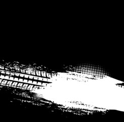 Grunge offroad tire tracks vector background with dirty car wheel tyre prints. Rubber tread marks or tire traces with black and white halftone pattern, dirt track racing and offroad background design © Vector Tradition