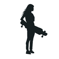Magic spiritual silhouette woman with skateboard. Girl with stars. Space. Activity lifestyle. Extreme. Hand drawn art. 