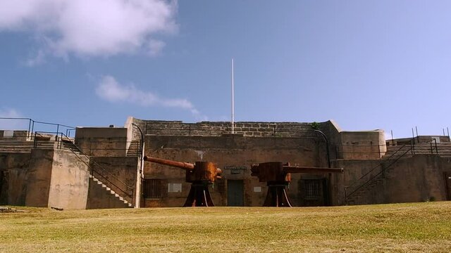 Bermuda's Alexandra Battery was armed with 9-inch muzzle loading guns. mounted behind iron battery shields, and completed in  in the 1860s.