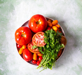 Organic ripe tomatoes. Harvesting tomatoes. Top view.