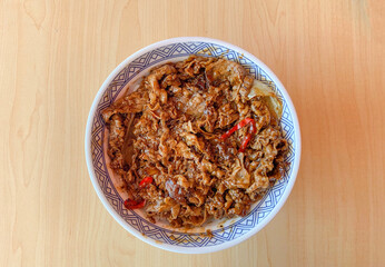 Wagyu beef rice bowl, at wood timber table, perfect high resolution image for display product