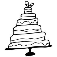 Festive multi-tiered cake, black outline, doodle. Design of stickers, postcards, posters, holiday decorations, prints, food.
