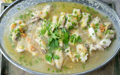 In search of rural village food. Steamed Free Range Chicken in Ginger Sauce, Stir Frid Bamboo Shoots with Pork and Fish Slices with Ginger & Green Onions. Cheap and hearty meal.