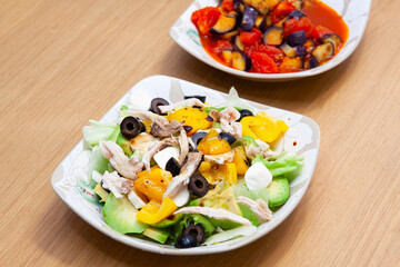 Diet salad with chicken breast and olives