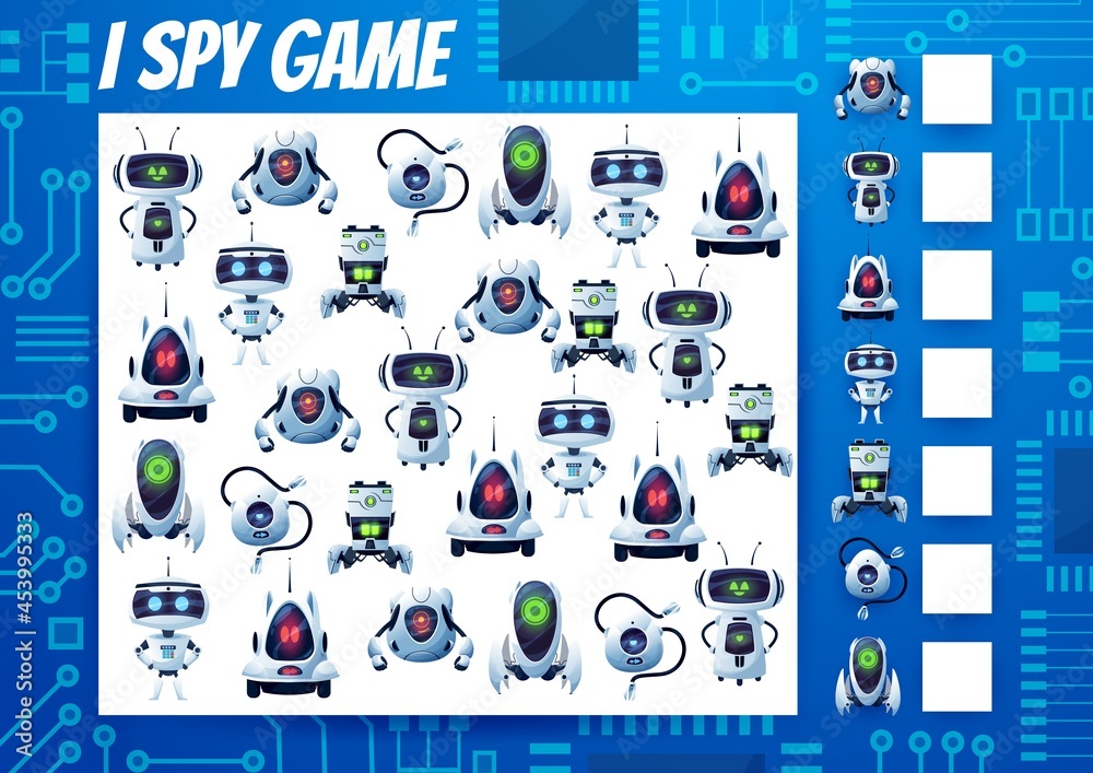 Leinwandbilder i spy kids game, cartoon robots and droids riddle. vector task, education puzzle with ai cyborgs. ho