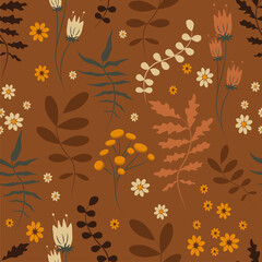 vector seamless pattern with leaves, foliage, plants, flowers in autumn colors. pattern in flat style for printing on fabric, clothing, wrapping paper