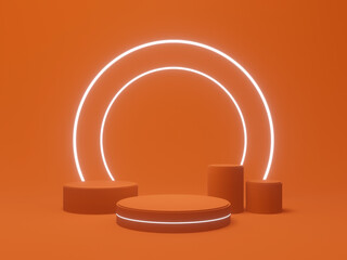 3D product stand. Orange podium with white neon lights.