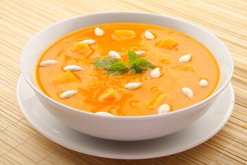 Fresh made traditional pumpkin cream soup.