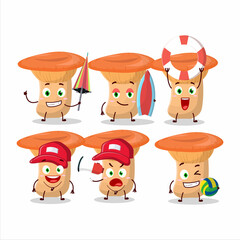 Happy Face safron milkcap cartoon character playing on a beach