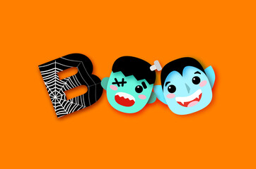 Happy Halloween. BOO. Monsters. Smile Dracula, Frankenstein. Funny spooky vampire. Web. Trick or treat. Space for text Orange
