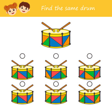 Educational children game. Find the same drum. cartoon musical percussion instrument. Printable worksheet. Vector illustration