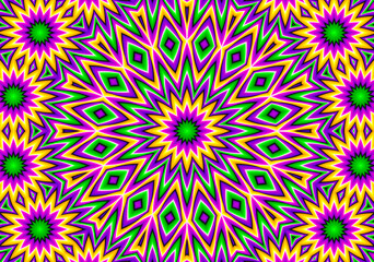 Colorful card with flowers. Optical illusion of movement.