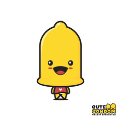 cute yellow condom mascot, sex safety cartoon illustration