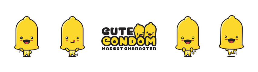 cute yellow condom mascot, with different facial expressions and poses - obrazy, fototapety, plakaty