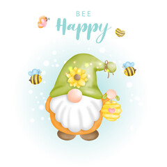 Bee happy with cute gnome and bees, Digital paint vector illustration.